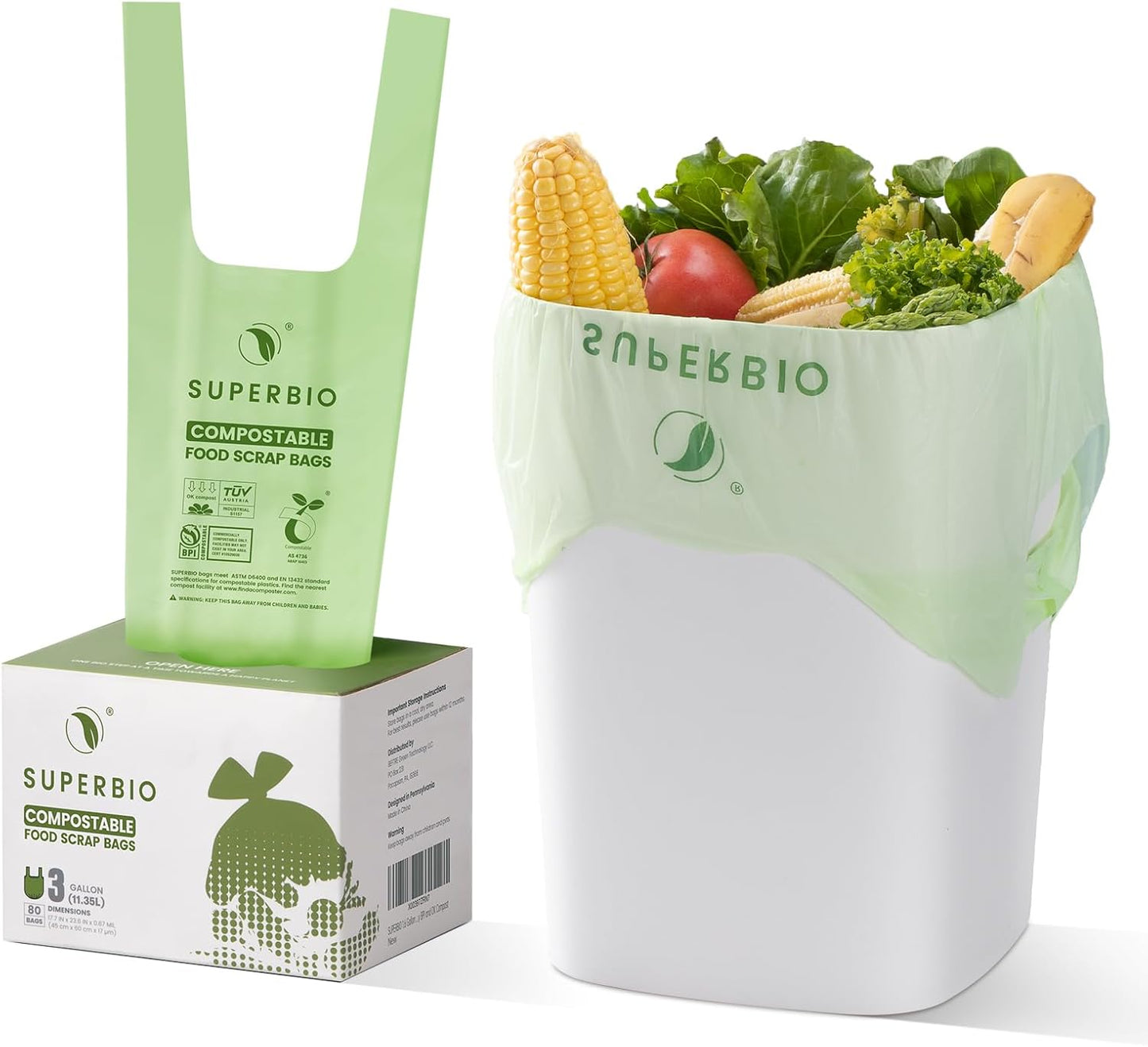 SUPERBIO 13 Gallon Compostable Kitchen Waste Bags with Handles, Food Scrap Bags Certified by BPI, OK compost INDUSTRIAL, 30 Count, 49.2L
