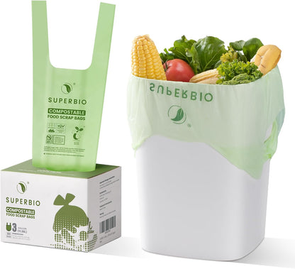 SUPERBIO 1.6 Gallon Handle Tie Compostable Food Scrap Bags For Counter Top Compost Bin, Small Compost Bags, 50 Count, 6 Liter, BPI & OK compost INDUSTRIAL Certified