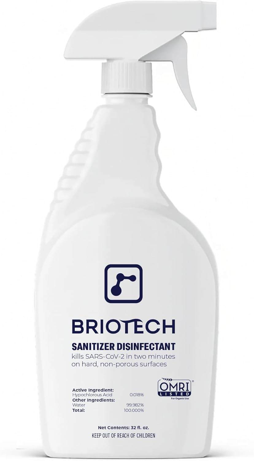BRIOTECH Sanitizer Disinfectant Hypochlorous, Kill 99.99% of Viruses & Bacteria, Control Mold, Eliminate Odor, Gentle for Nursery & Play Rooms, Food Contact Surface Sanitizer, 1 Gallon Refill