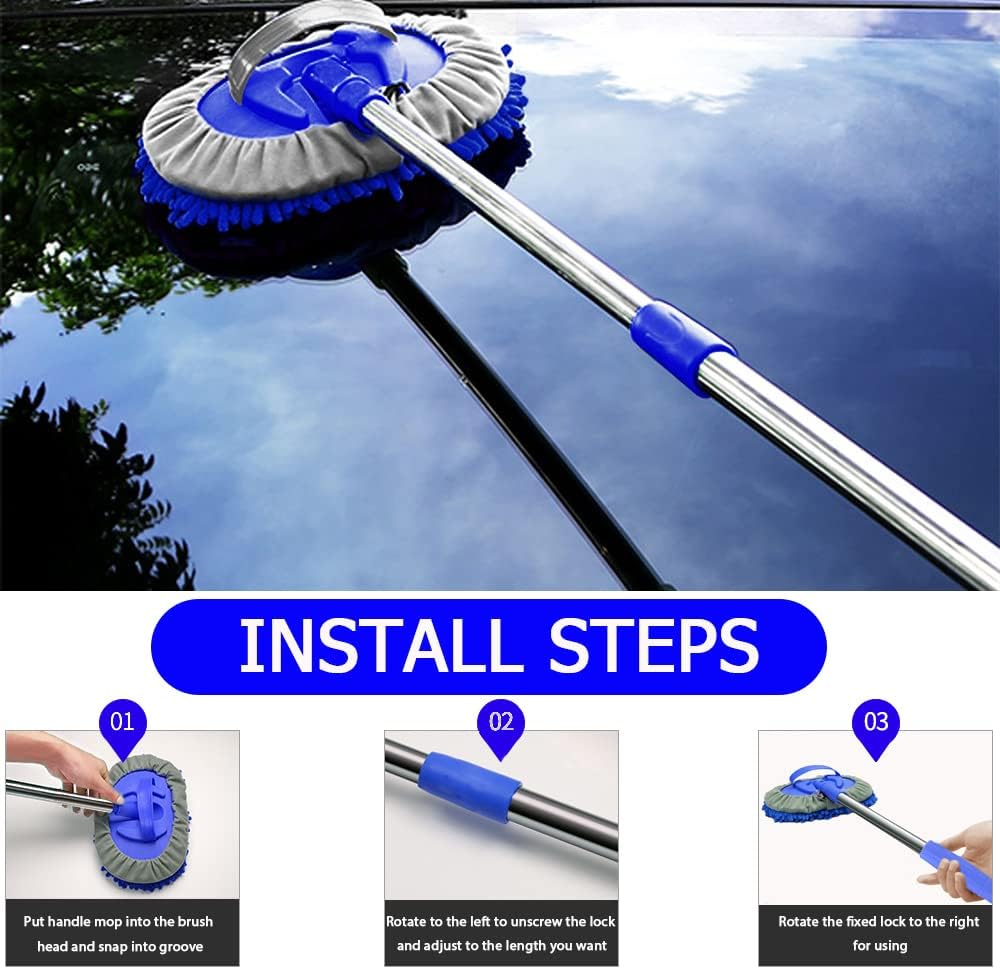 WillingHeart 47.5" Car Wash Brush Mop Cleaning Tool with Long Handle Kit for Washing Detailing Cars Truck, SUV, RV, Trailer, Boat 2 in 1 Chenille Microfiber Sponge Duster Not Hurt Paint Scratch Free
