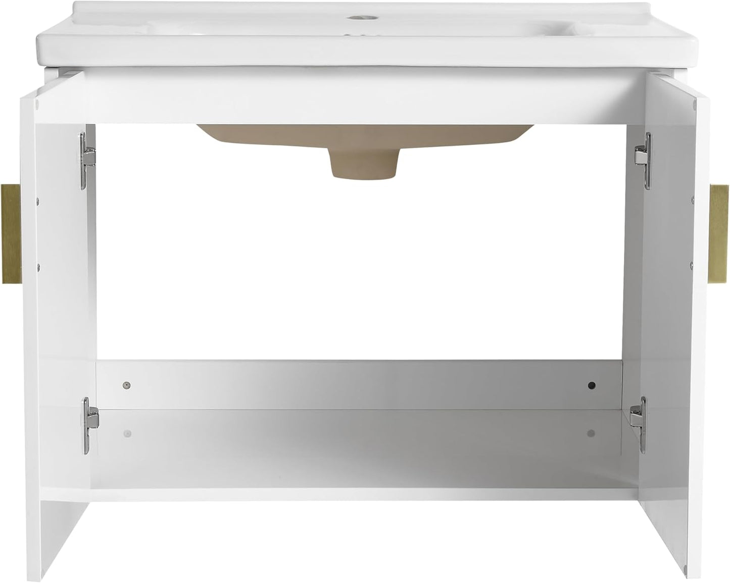 SSLine Modern 24-Inch Bathroom Vanity with Sink Wall Mounted Bathroom Vanity with Top Basin & Storage Cabinet White Wood Floating Vanity w/Ceramic Sink & Gold/Black Handles for Small Space