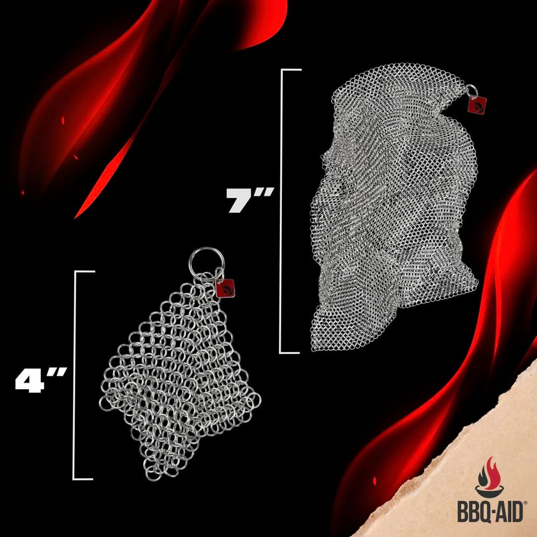 Knapp Made Cast Iron Chainmail Scrubber Kitchen Set - 4" and 7" Sizes. Premium Stainless Steel Cleaner for Your Finest Pots, Pans, and Kitchenware