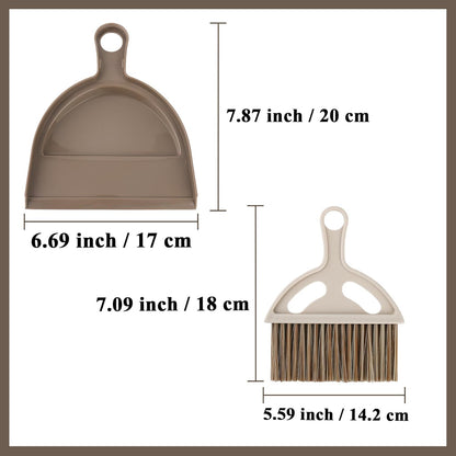 Mini Broom and Dustpan Set, Small Handheld Broom and Dustpan for Desk, Clip-On Hand Brush for Keyboard, Car Interior, Countertop, and Cat Litter Cleaning, Brown
