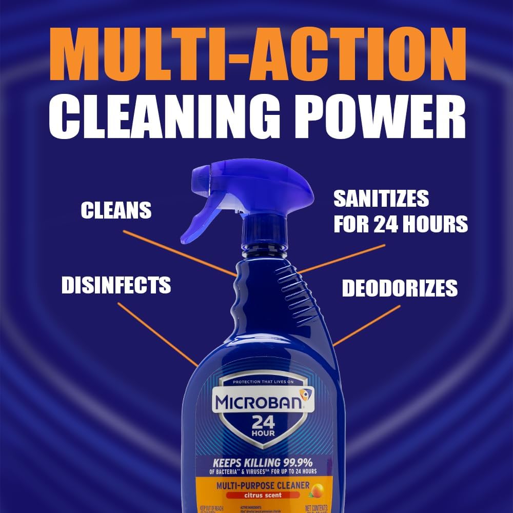 MICROBAN Multi-Purpose Cleaner, 32 oz., 2 Pack, Citrus, Penetrates Soap Scum, Greasy Soils and Reduces Odors, Keeps Killing 99.9% of Bacteria and Viruses for up to 24 Hours