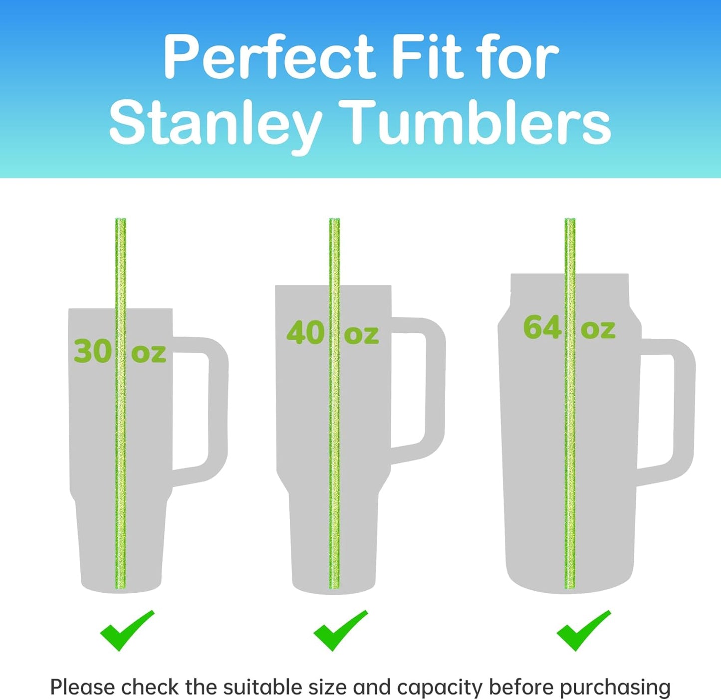 NiHome 12-Pack Glitter Replacement Straws for Stanley Tumbler 40OZ & 2 Cleaning Brushes Set, 12" Length BPA-Free Durable PETG Material for Various Beverages & Cups, Adds Sparkle to Your Drinks (Clear)