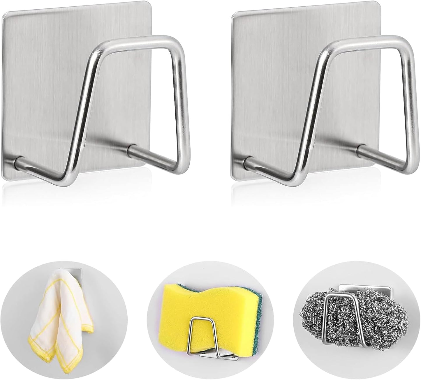 Adhesive Sponge Holder for Kitchen Sink, SUS304 Stainless Steel Scrubber Hanger Sink Caddy Accessories Storage Drain Rack Stand for Scratch Scrub Dishcloth Dishrag Steel Wool Strainer Stopper