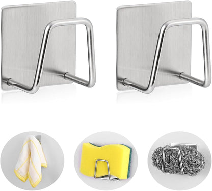Adhesive Sponge Holder for Kitchen Sink, SUS304 Stainless Steel Scrubber Hanger Sink Caddy Accessories Storage Drain Rack Stand for Scratch Scrub Dishcloth Dishrag Steel Wool Strainer Stopper