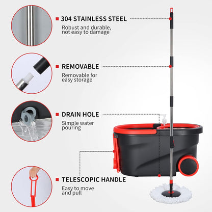 Mop and Bucket Set, 360° Spin Mop and Bucket with Wringer Set and 3 Microfiber Mop Refills, Stainless Steel 61" Extended Handle Spinning Mop Bucket System for Floor Cleaning