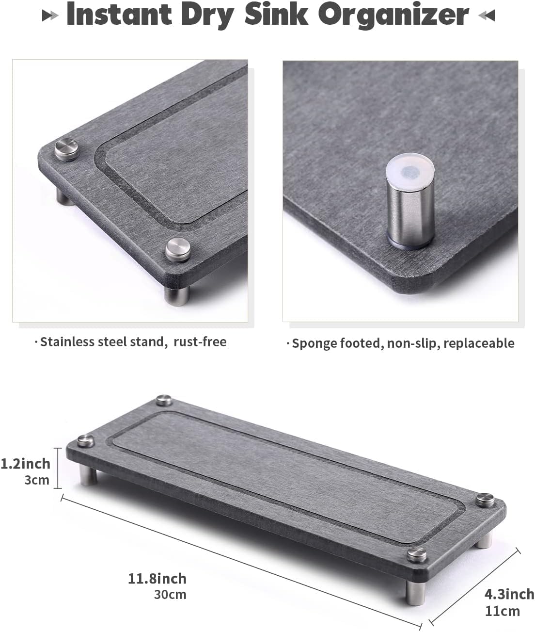 Kitchen Sink Caddy Water Absorbing Stone Tray For Sink, Diatomite Bathroom Countertop Tray Organizer, Faucet Stone Drying Mat Coaster Soap Dish Sponge Dispenser Holder (Grey)