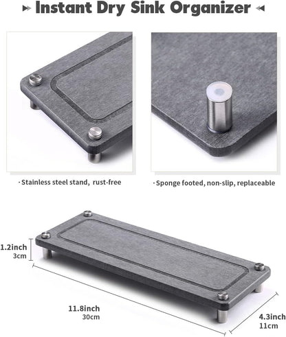 Kitchen Sink Caddy Water Absorbing Stone Tray For Sink, Diatomite Bathroom Countertop Tray Organizer, Faucet Stone Drying Mat Coaster Soap Dish Sponge Dispenser Holder (Grey)