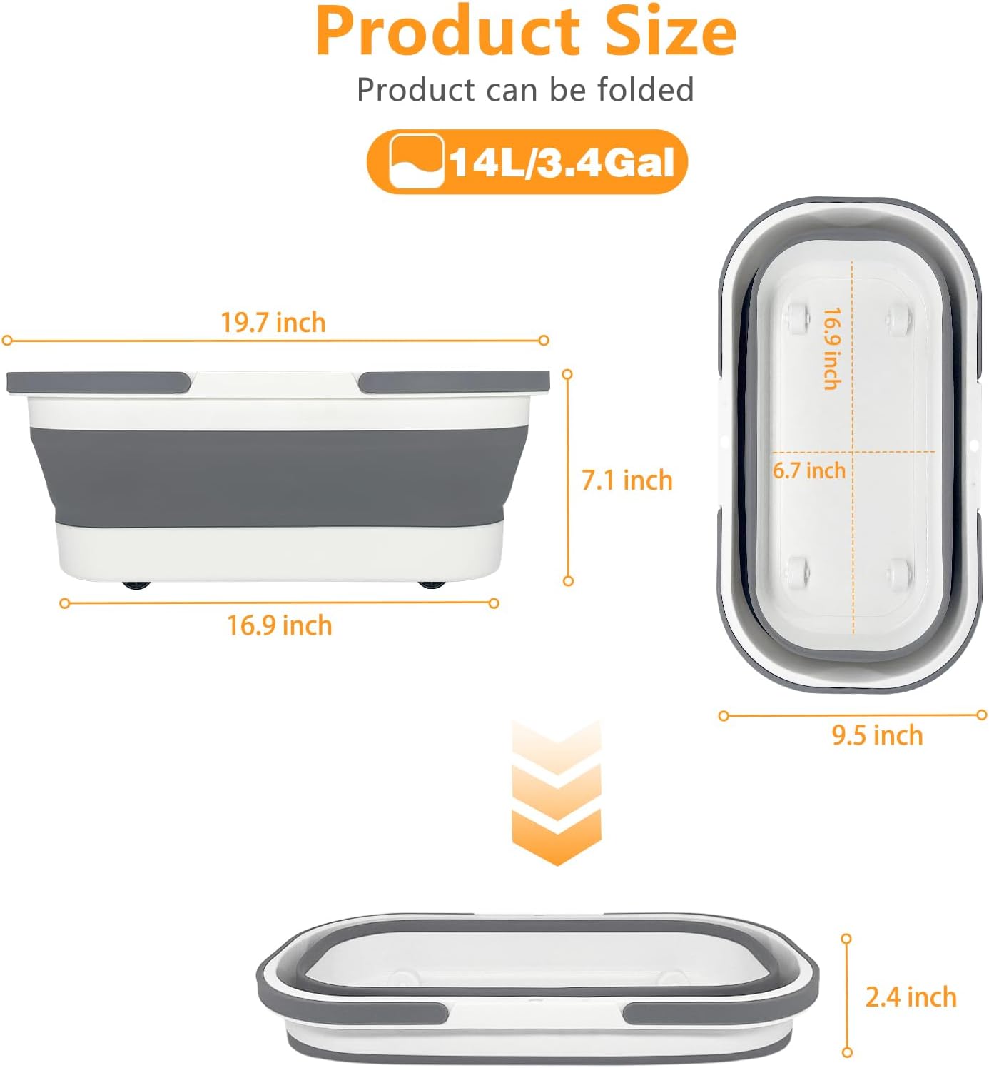 Goderewild Collapsible Plastic Bucket with Wheels 12L (3.17 Gallon) for House Cleaning, Camping, and RV - Multi-Purpose Rectangular Handy Basket for Cleaning Mop - Lightweight and Portable (Grey)