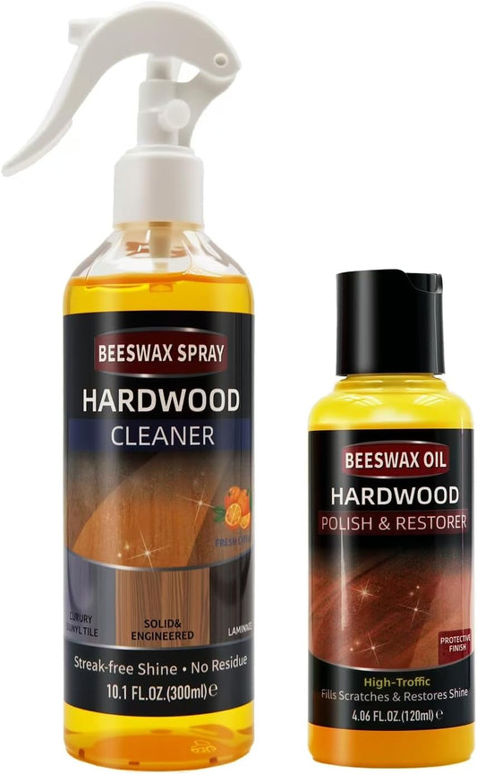 MOODTALK Furniture Polish Kit: Wood Cleaner Spray & Nourishing Care Oil – For Floors, Kitchen Tables, Desks & All Home Wood Furniture (300ml+120g)