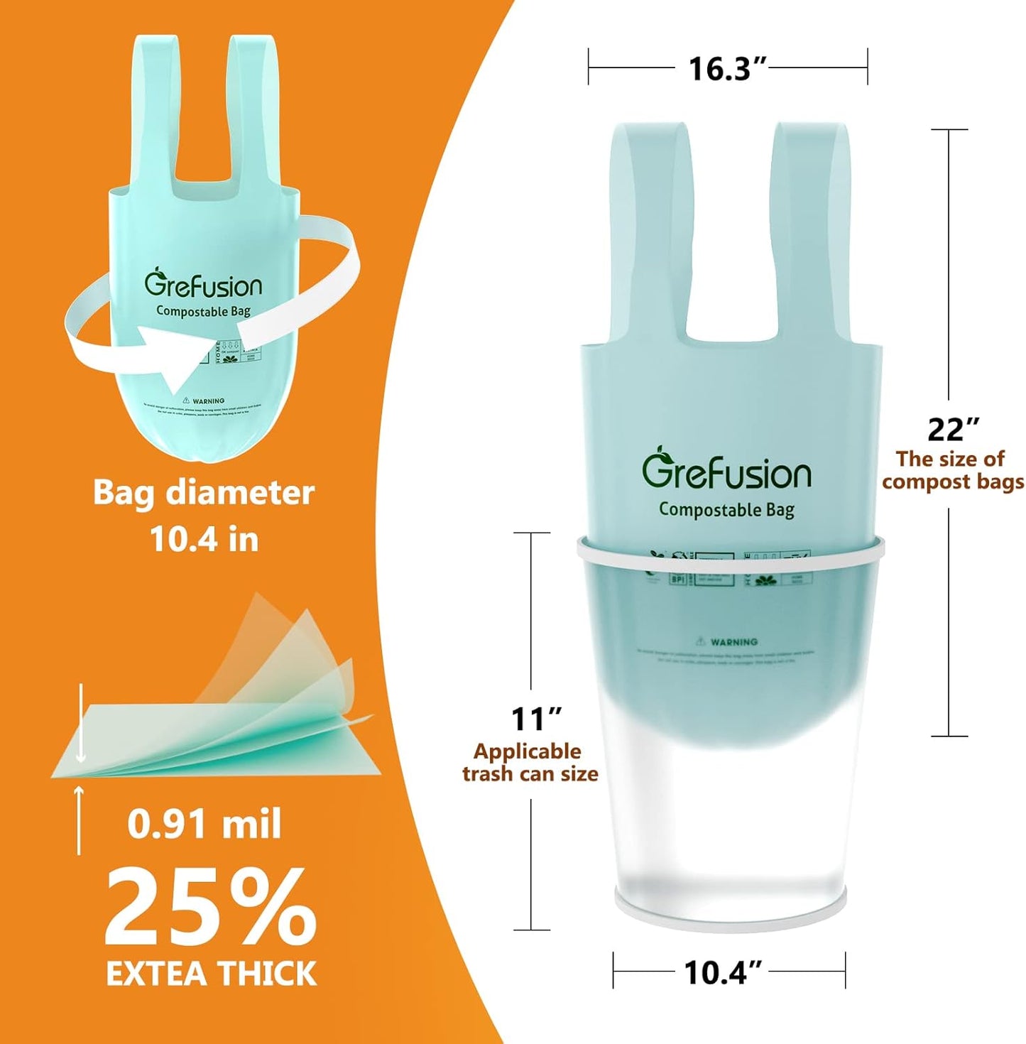 GreFusion Compostable Bags 1.2 Gallon,125 Count, Fits 0.75,1,1.2,1.3,1.6,1.8 Gallon Countertop Bin, Small compost bags, Certified by BPI, ASTM D6400 and OK Compost