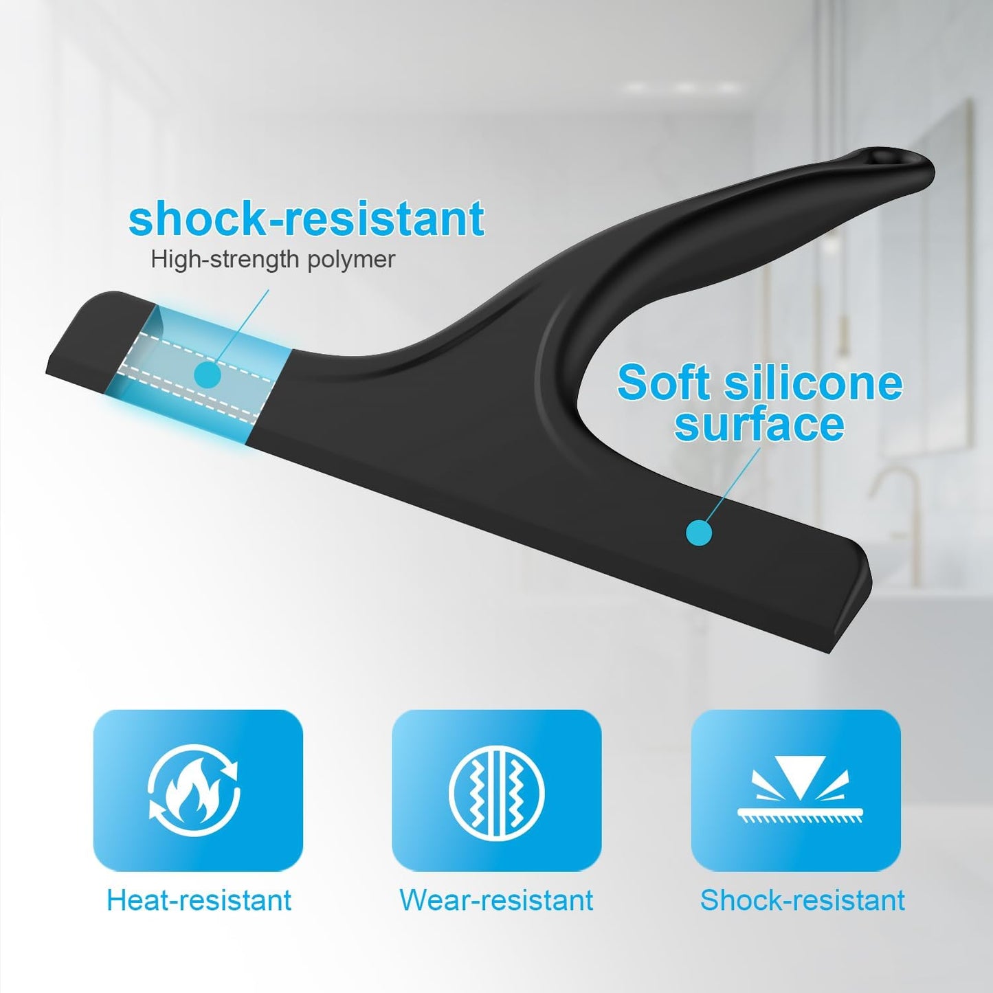 Silicone Shower Squeegee for Bathroom Glass Doors, with Hanging Hole for Easy Storage, Removes Water Spots from Windows, Mirrors, Tiles & Kitchen Surfaces-Black, 10 Inch