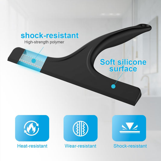 Silicone Shower Squeegee for Bathroom Glass Doors, with Hanging Hole for Easy Storage, Removes Water Spots from Windows, Mirrors, Tiles & Kitchen Surfaces-Black, 10 Inch