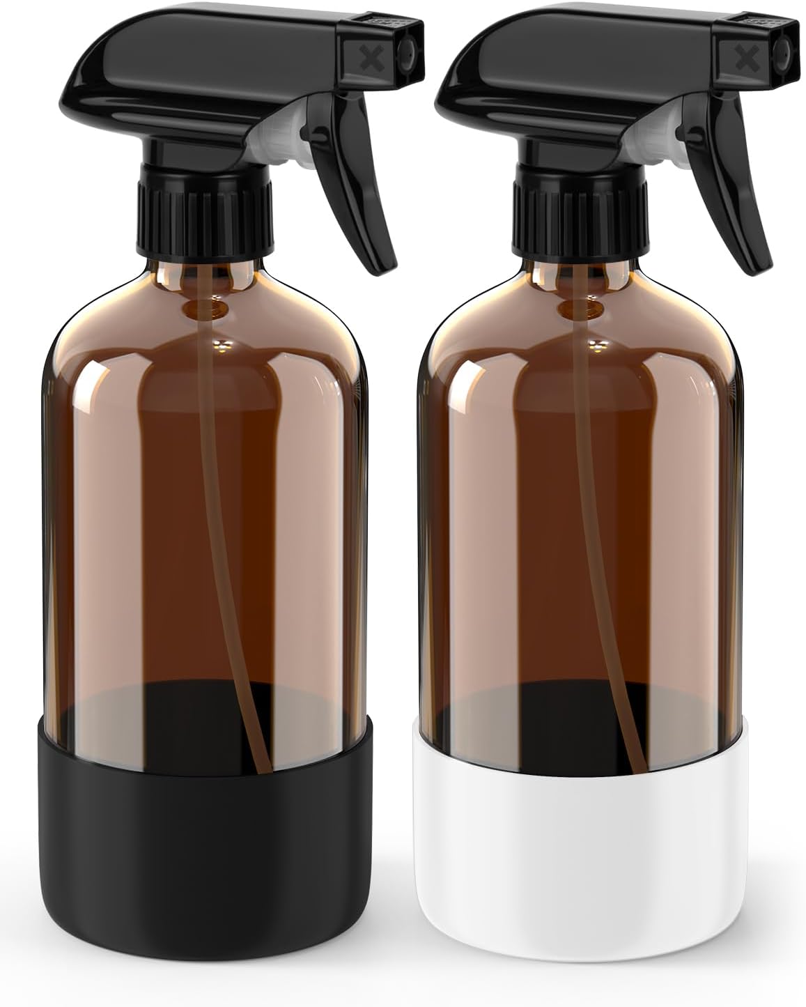 Bontip Glass Spray Bottle with Silicone Sleeve Protection, Amber Glass Spray Bottle Set for Window Cleaner Aromatherapy Facial Hydration Watering Flowers Hair Care 2 Pack/16 oz (Black & Brown)