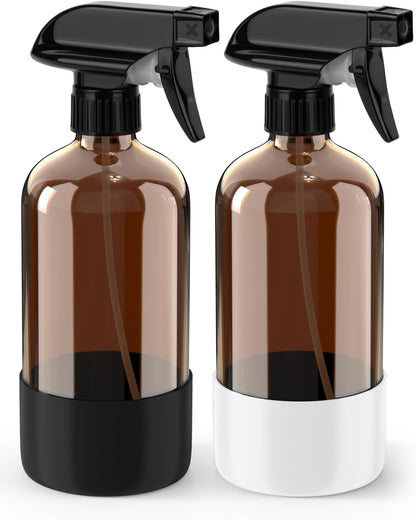 Bontip Glass Spray Bottle with Silicone Sleeve Protection, Amber Glass Spray Bottle Set for Window Cleaner Aromatherapy Facial Hydration Watering Flowers Hair Care 2 Pack/16 oz (Black & Brown)