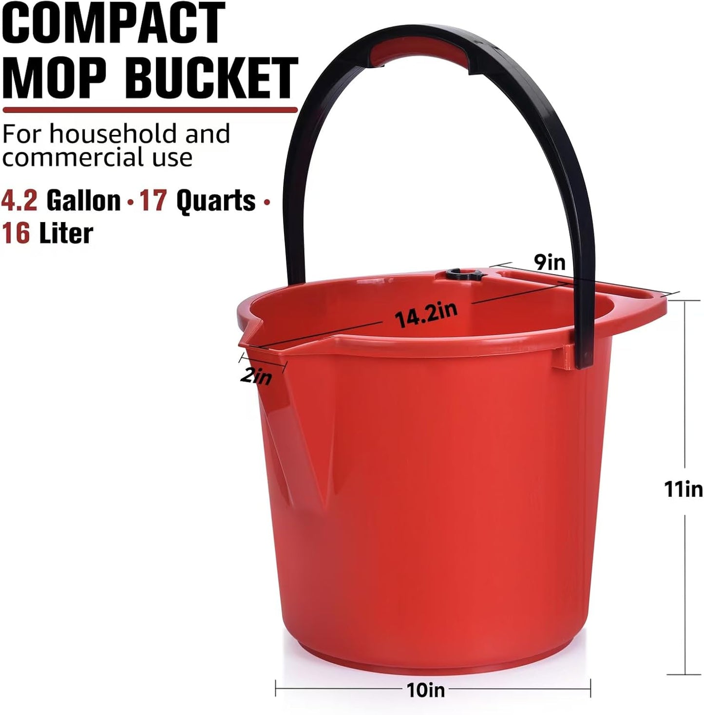 Matthew Cleaning 4.2 Gallon Mop Bucket, Heavy Duty Plastic Cleaning Bucket with Built-in Pour Spout, Mop Holder and Comfort Grip Handle, House and Commercial Cleaning Supplies, 1 Pack Black