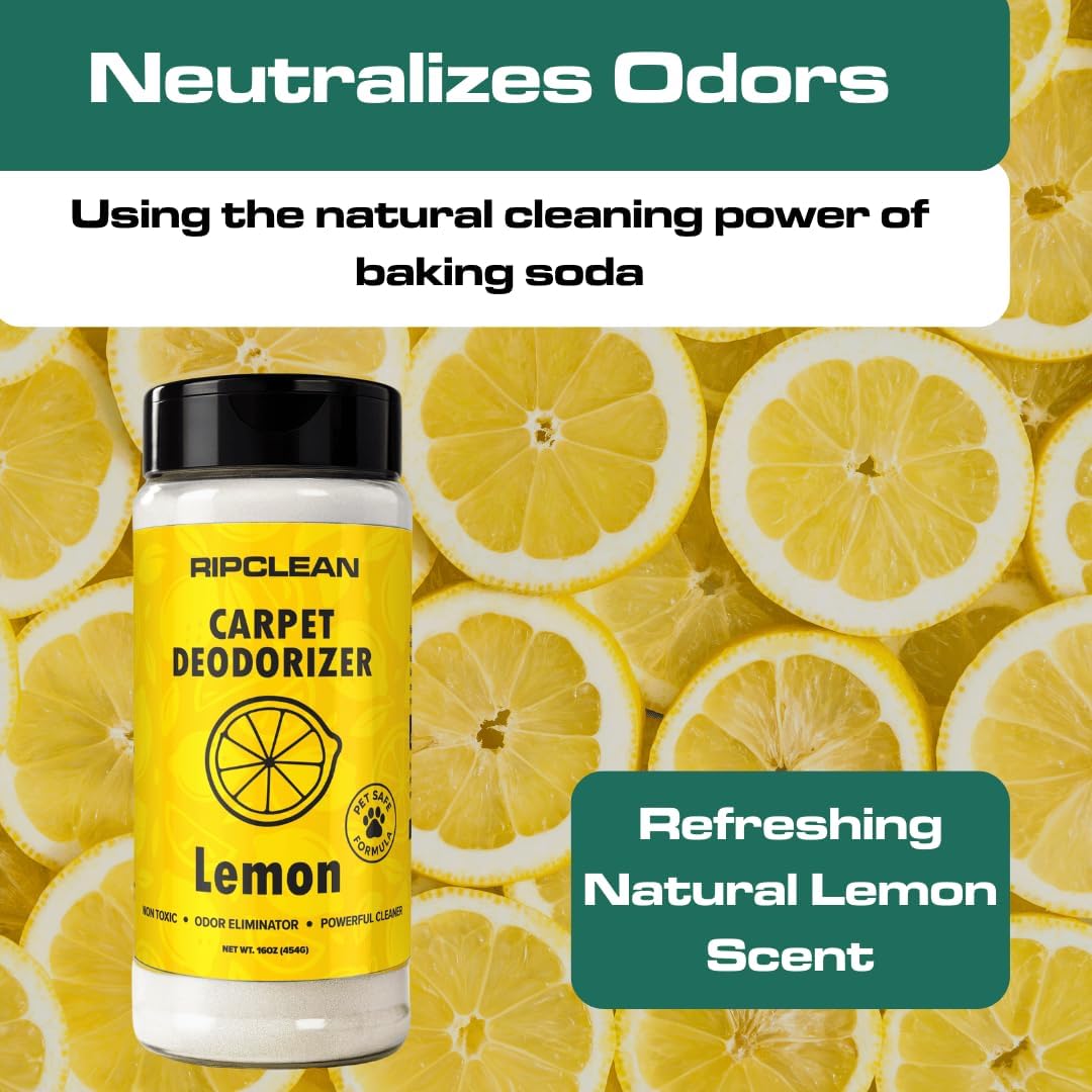 Ripclean Carpet Deodorizer & Freshener Cleaning Powder, Odor Eliminator for Strong Odors & Homes w/Pets, Safe around Kids & Pets, Use on Carpet, Rugs, Upholstery & More (16 Ounce, Lemon)