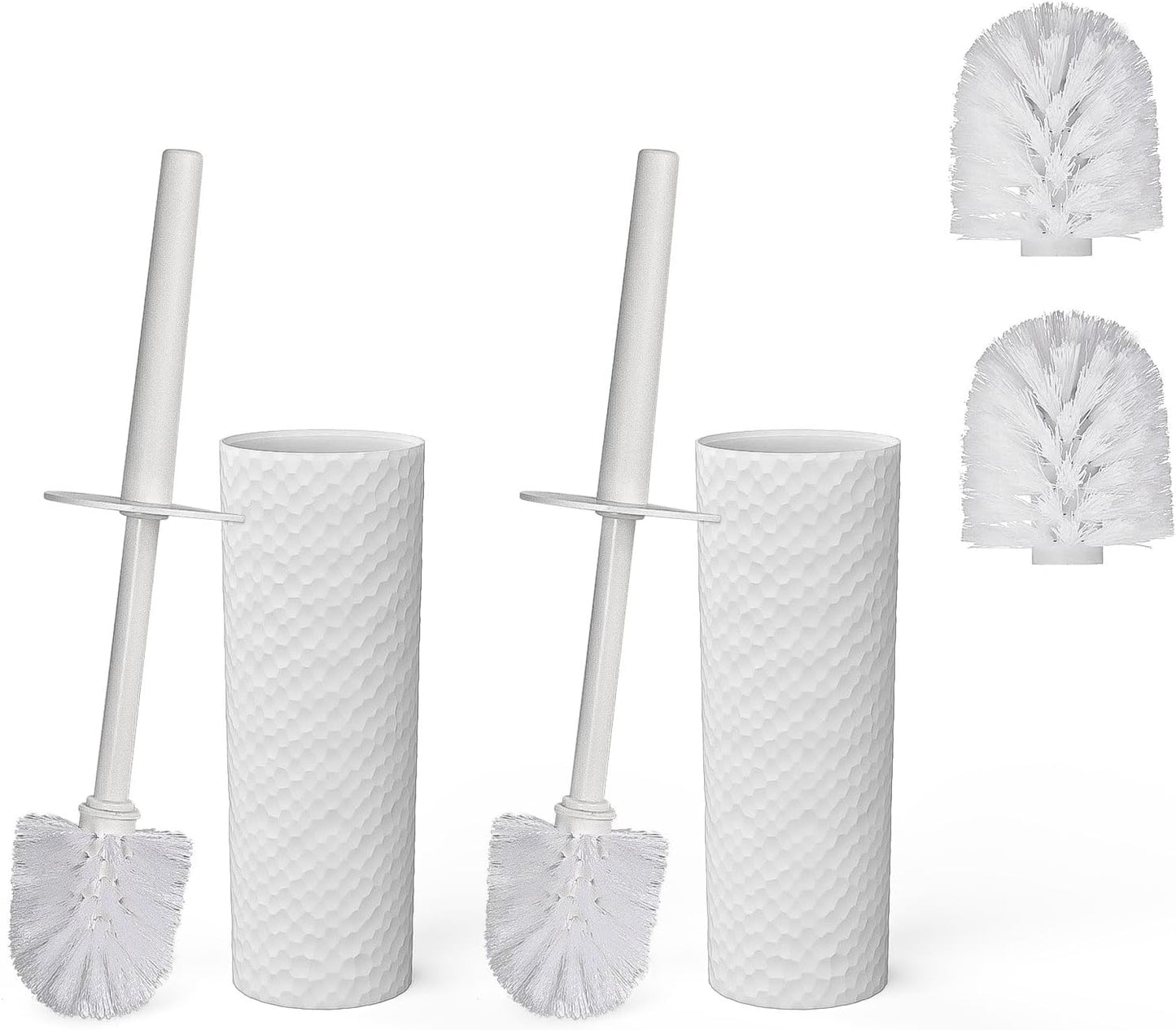 Toilet Brush, 2 Pack Toilet Brushes & Holders Sets with Plastic Handle and Soft Flexible Bristles, 4 Toilet Brush Heads for Bathroom Toilet-Ergonomic, Elegant, Durable Loo Brush (White)