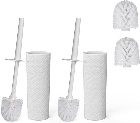 Toilet Brush, 2 Pack Toilet Brushes & Holders Sets with Plastic Handle and Soft Flexible Bristles, 4 Toilet Brush Heads for Bathroom Toilet-Ergonomic, Elegant, Durable Loo Brush (White)