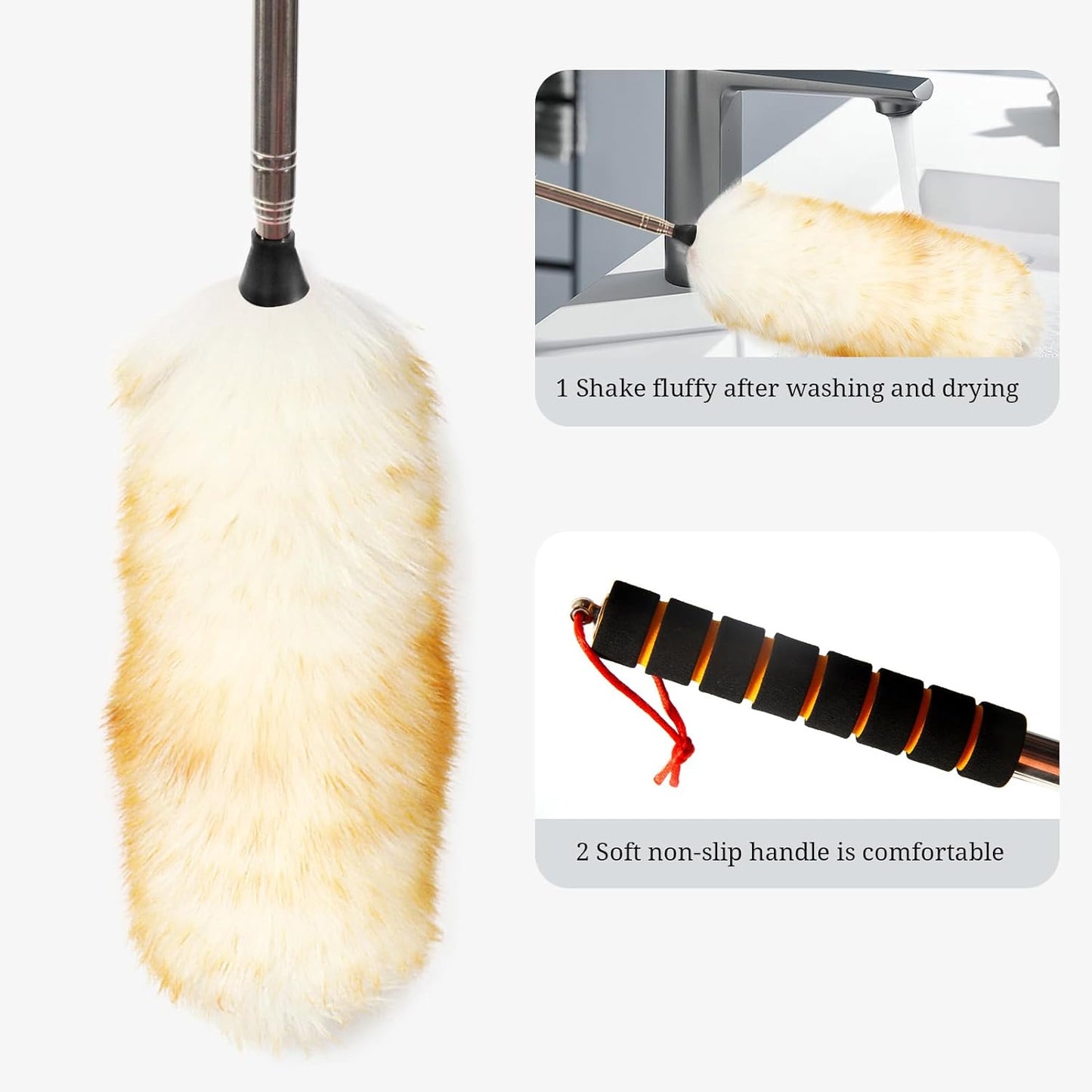 Extendable Lambswool Duster Stainless Steel Handle 133" Removable Feather Duster for Cleaning Ceiling Fans Interior Roof Furniture, Brown
