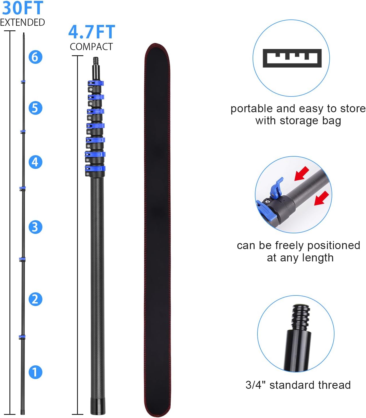 30 Foot High Ceiling Duster Kits with 4.7-24 FT Carbon Fiber Extension Pole, Feather Duster, Cobweb Duster, Ceiling Fan Duster, Window Squeegee & Cleaner with Pole 24 Ft