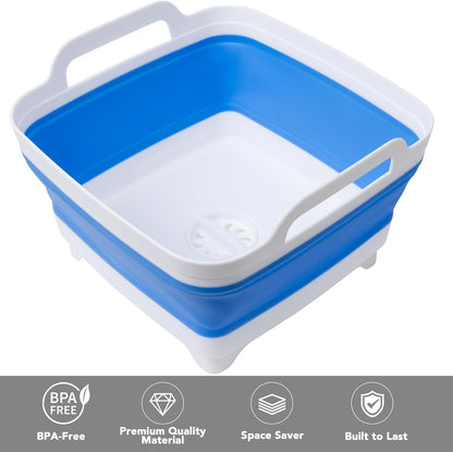 2 Pack Dishpan for Washing Dishes, 2.4Gal/9L Wash Basin with Draining Plug Carry Handles, Collapsible Bucket for Cleaning, Portable Sink, Foldable Plastic Tub