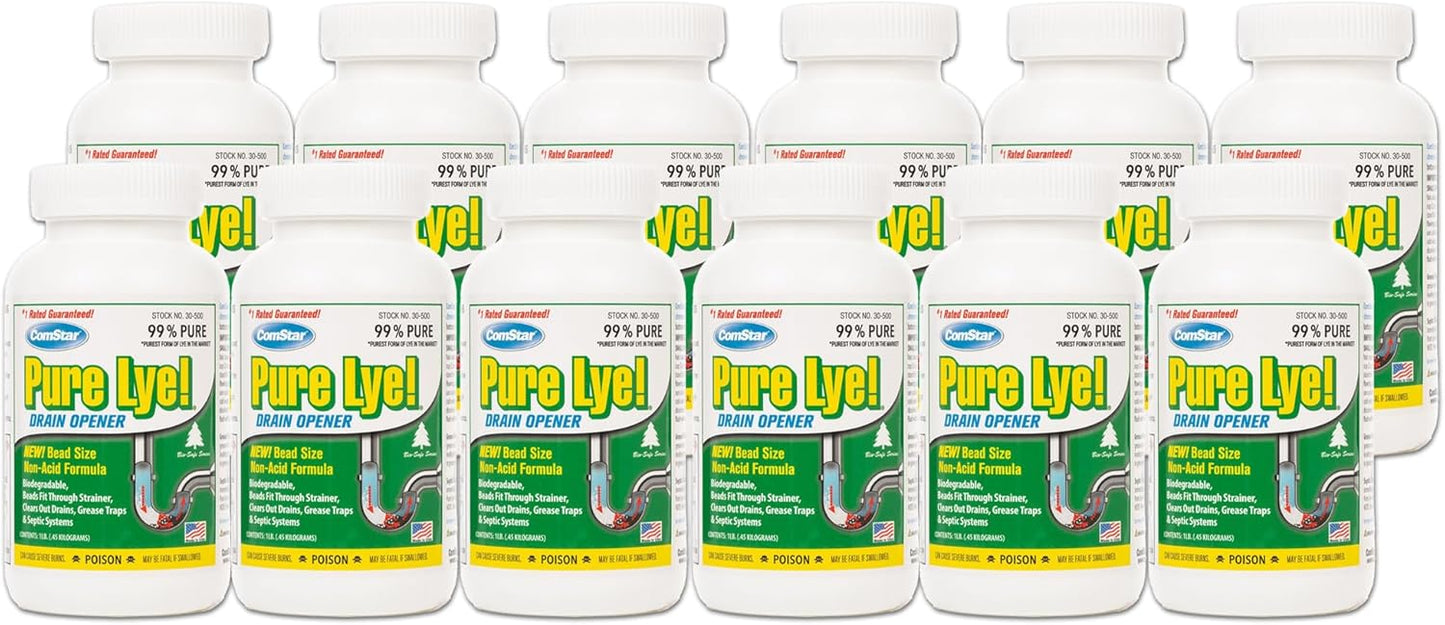Pure Lye 1 lb - Unique Sodium Hydroxide Beads | Drain Opener & Soap Making | Biodegradable, Eco-Friendly (30-500)