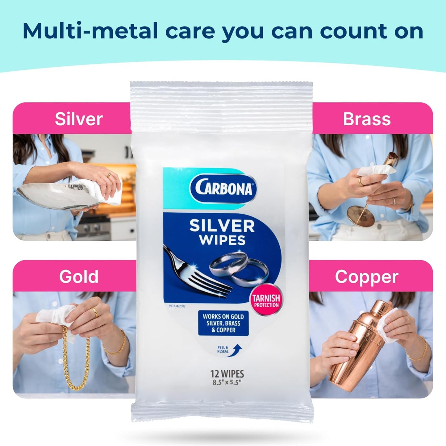 Carbona Silver Wipes | Metal Cleaner & Polish | 12 Wipes, 1 Pack