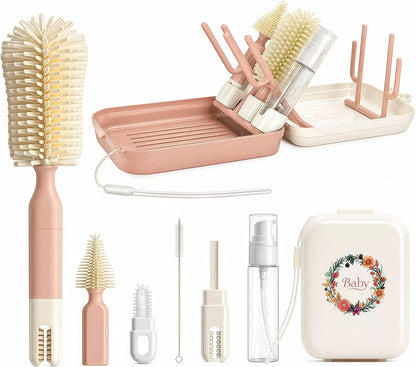 8-in-1 Baby Bottle Brush Set with Drying Rack, Portable Travel Bottle Cleaning Kit, Silicone Cleaner for Newborn Essentials, Nipple & Straw Brush, Soap Dispenser(Pink)