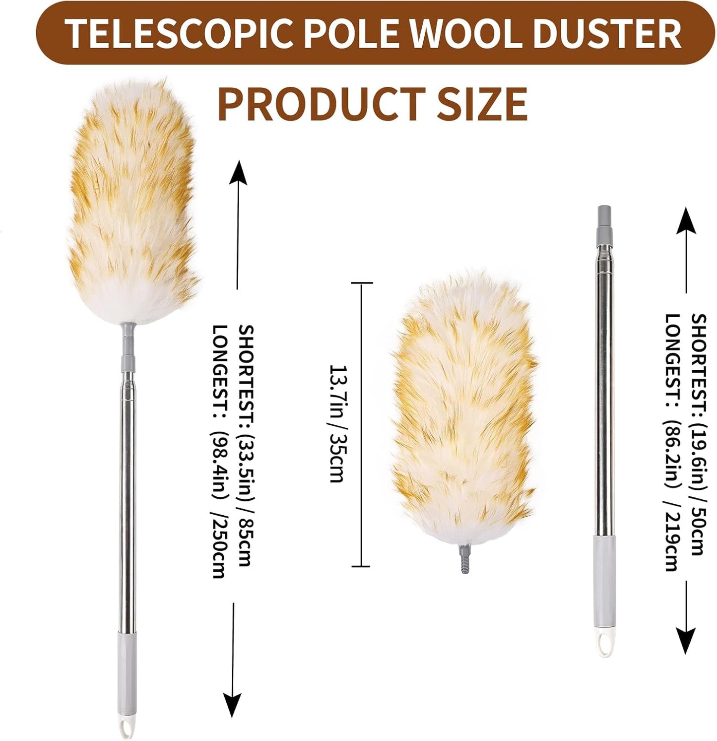 Lambswool Duster for Cleaning with Solid Wooden Handle Leather Hang Strap 87.8" Removable Retractable Feather Duster for Cleaning Ceiling Fans Window Blinds Interior Roof Furniture(2 Pack)