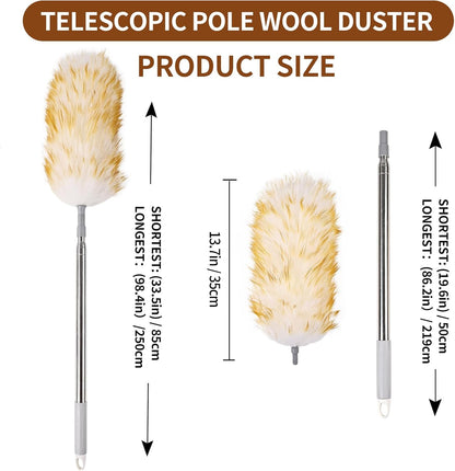 Lambswool Duster for Cleaning with Solid Wooden Handle Leather Hang Strap 87.8" Removable Retractable Feather Duster for Cleaning Ceiling Fans Window Blinds Interior Roof Furniture(2 Pack)