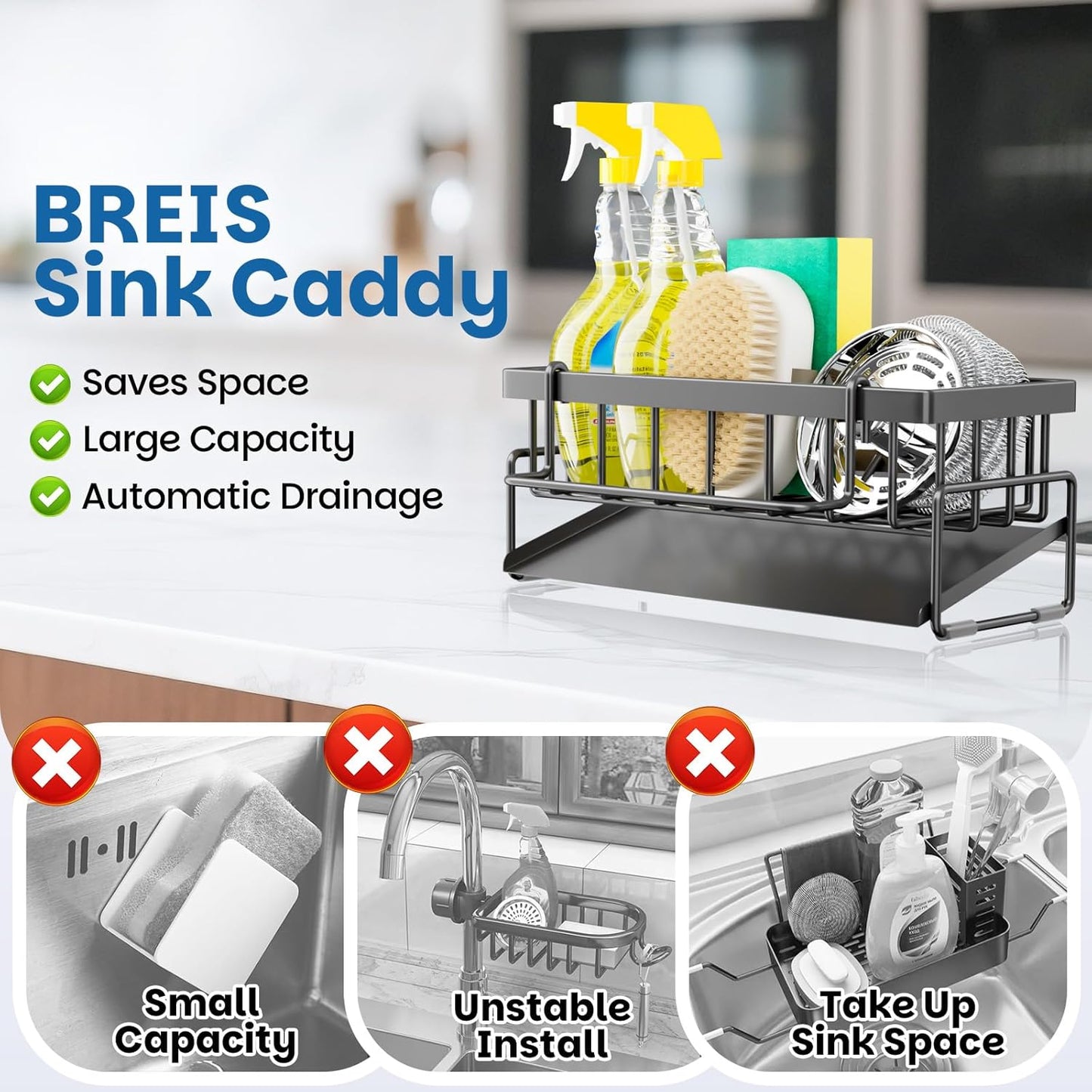 BREIS Kitchen Sink Caddy Organizer with Rag Holder,Self-Draining Sponge Holder for Countertop Soap Dispenser Organizers and Storage Essentials,Kitchen Decor and Accessories