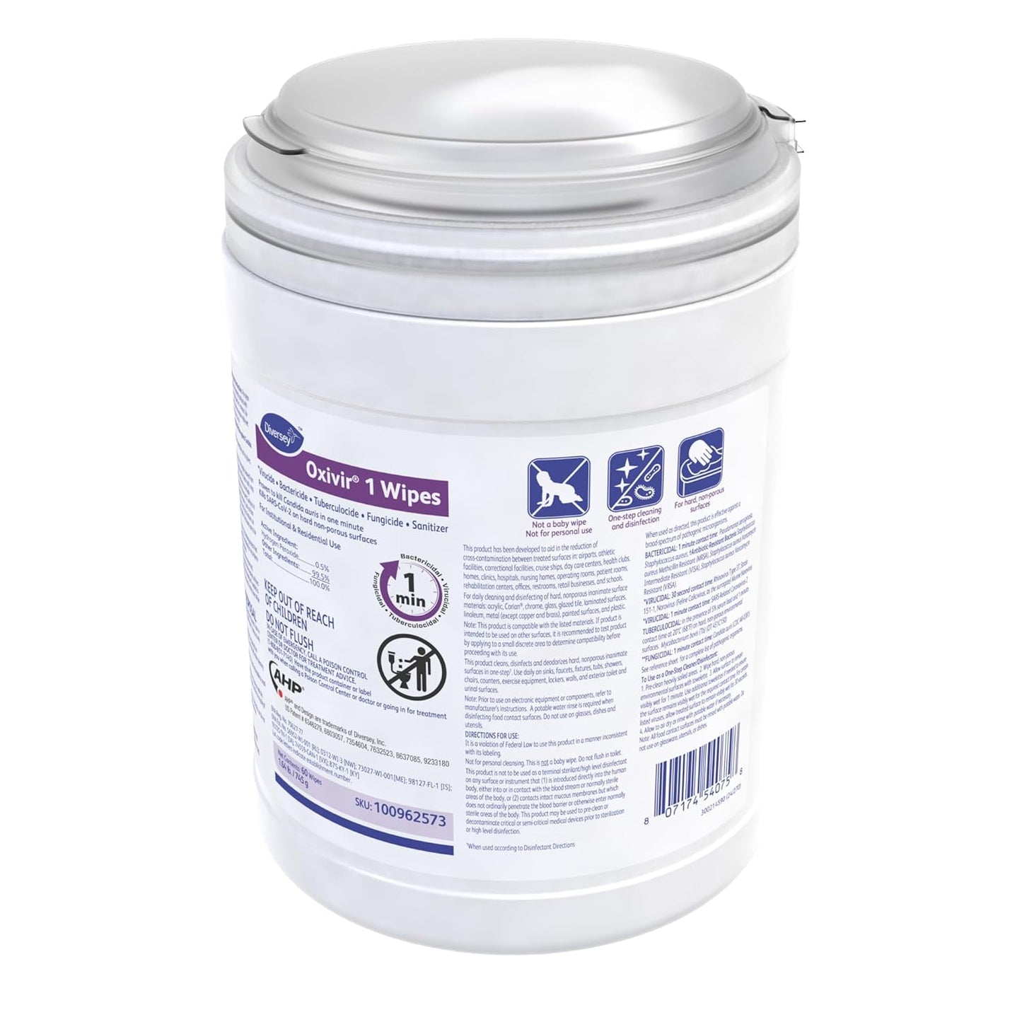 Oxivir Diversey 1 Disinfectant Wipes, AHP Hydrogen Peroxide Cleaner, Multi-Surface Cleaner for Home & Commercial Use, Large Wipes, 60 Count Canister
