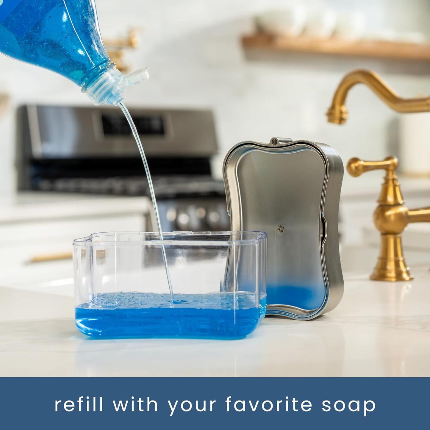 S&T INC. Dish Soap Dispenser and Sponge Holder for Kitchen Sink, Sponge Included, 13 Ounces, Metallic Silver