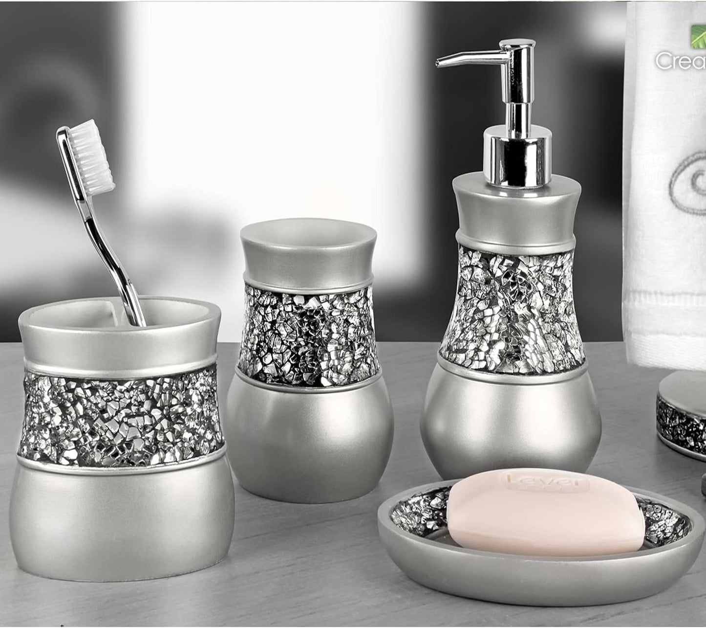 Creative Scents Crackled Glass Toilet Brush with Holder - Silver Toilet Bowl Cleaner Brush and Holder - Good Grip, Deep Cleaning, Decorative Design Compact Toilet Bowl Scrubber