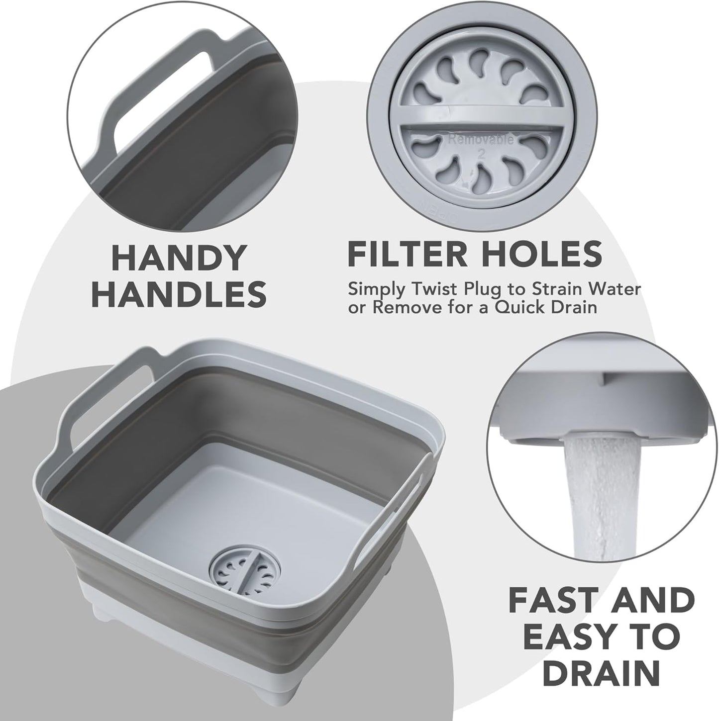 2 Pack Dishpan for Washing Dishes, 2.4Gal/9L Wash Basin with Draining Plug Carry Handles, Collapsible Bucket for Cleaning, Portable Sink, Foldable Plastic Tub