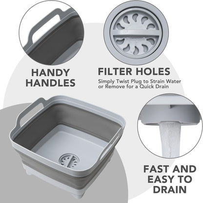 2 Pack Dishpan for Washing Dishes, 2.4Gal/9L Wash Basin with Draining Plug Carry Handles, Collapsible Bucket for Cleaning, Portable Sink, Foldable Plastic Tub