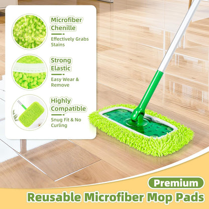 Reusable Mop Pads Compatible with Swiffer Sweeper Mop, Washable Wet Pads Refill & Chenille Dry Sweeping Cloths, Microfiber Mop Pads for Use on All Sealed Floors - Wood, Laminate, Stone & Tile (6 Blue)