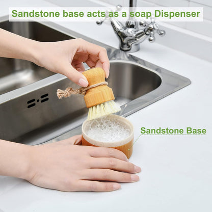 Bamboo Dish Scrub Brushes,Kitchen Wooden Cleaning Scrubbers Set for Washing Cast Iron Pan/Pot, Natural Sisal Bristles, Set of 3