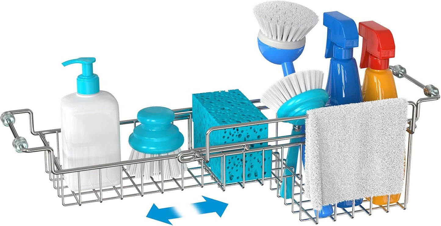 Dish Stands, Over The Kitchen Sink Caddy Sponge Holder Organizer Drying Rack Expandable for Sponge Brush Soap Dish Cloth Rag Smaller 12.25" to 17.25", Stainless Steel