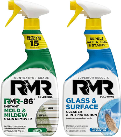 RMR Surface Renewal System – Instant Stain Remover + Glass & Surface Cleaner/Protectant, Indoor/Outdoor Cleaning Kit for Mirror, Screen, Furniture, Siding, & Deck, 2–32 Oz Bottles