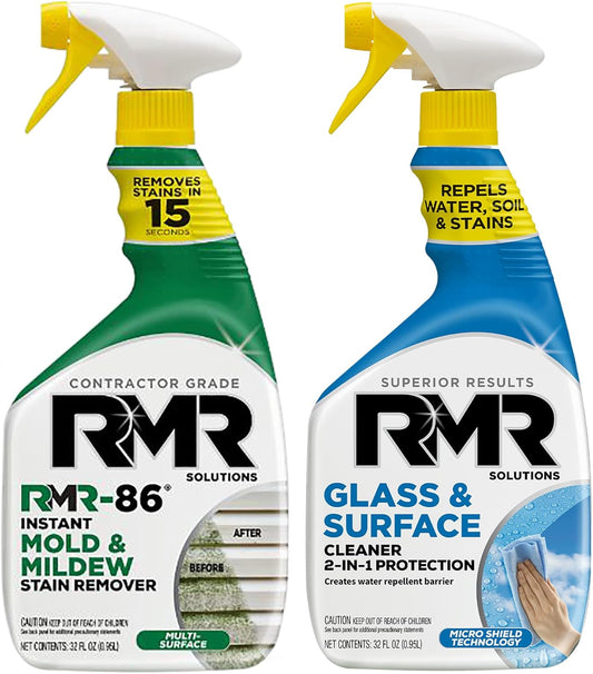 RMR Surface Renewal System – Instant Stain Remover + Glass & Surface Cleaner/Protectant, Indoor/Outdoor Cleaning Kit for Mirror, Screen, Furniture, Siding, & Deck, 2–32 Oz Bottles