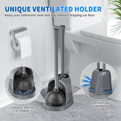 LOVLOY Toilet Plunger and Brush,2 Pack Bowl Brush and Heavy Duty Toilet Plunger Set with Ventilated Holder, 2-in-1 Toilet Brush and Plunger Combo for 5.3-inch Toilet Drain Bathroom Cleaning