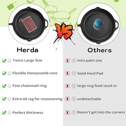 Herda Chain Mail Cast Iron Cleaner Scrubber,316 Chainmail Pan Scrubber Metal Cleaning Brush, Pad, Sponge Scraper to Clean Skillet,Dutch Oven, Wok,Grill Griddle,Chain Link Scrub Brush Pot Care Kit