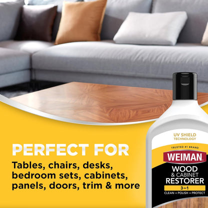 Weiman Wood and Cabinet Restorer 3-In-1 Bundle - Removes Dirt, Residue, Dust, Reduces Scratches, Restore Shine, Prevent Fading, UV Shield Technology, Safe for Antique Wood, Tables, Chairs, Cabinets