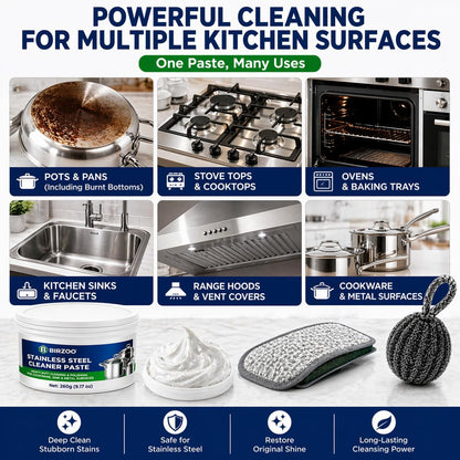 Stainless Steel Cleaner Paste, Heavy Duty Burnt Pan Cleaner for Pots, Stove, Sink & Cookware, Removes Grease & Stains with Scrubber & Steel Wool