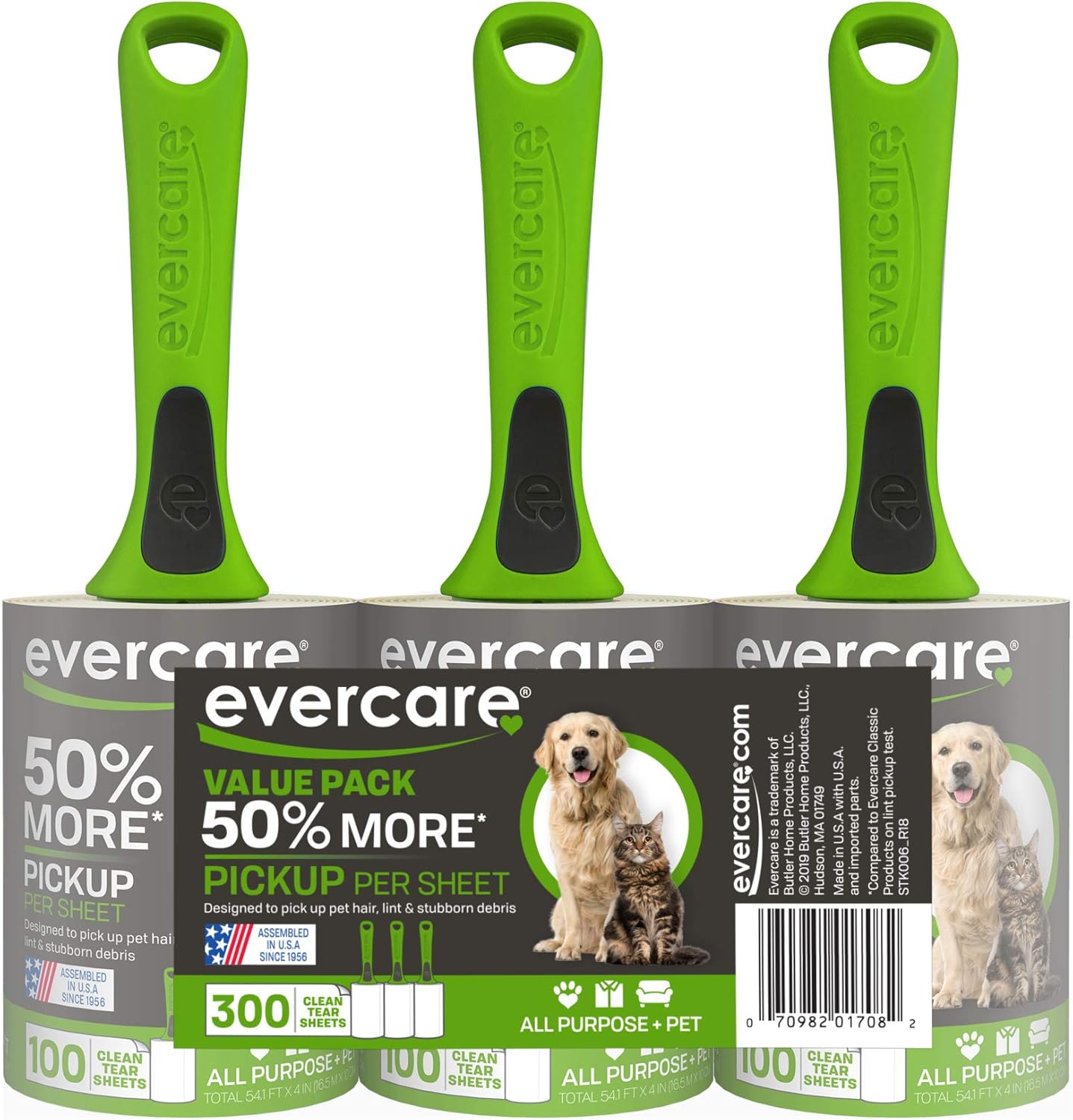 Evercare All Purpose Pet Hair Lint Roller, 100 Sheets – Reusable Sticky Roller for Pet Hair, Cat & Dog Hair Remover, Lint Remover, Pet Hair Remover for Furniture, Clothing & Cars