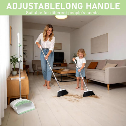 Broom and Dustpan Set, Broom Dustpan Combo Set for Home Commercial Cleaning Supplies Angle Broom with Long Handle Perfect for Courtyard Garage Street (Green)